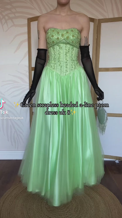 Bright green Tiffany Bling strapless a-line beaded prom dress UK 8
