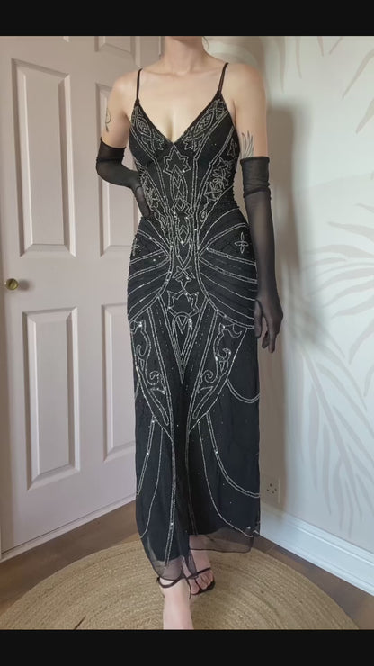 Black beaded Kaleidoscope evening gown UK 10