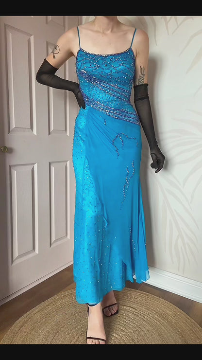 YVE London 100% silk blue beaded gown UK 12