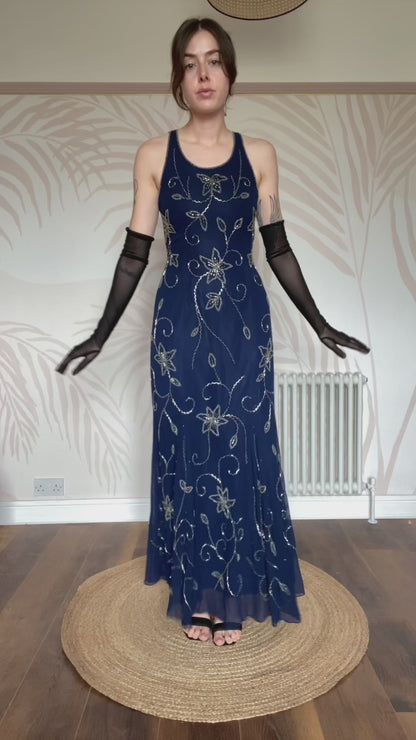 Navy Kaleidoscope beaded evening gown UK 16