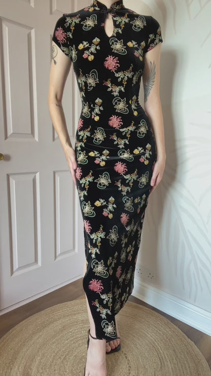 Black velvet short sleeve evening dress UK 12