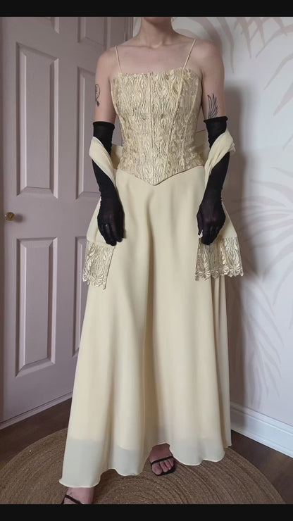 Subtle yellow YVE London evening gown & shawl UK 10