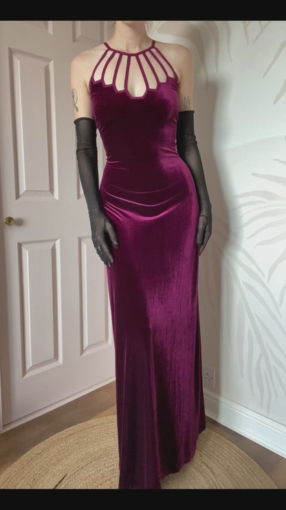 Gina Bacconi burgundy velvet stretch evening gown UK 14