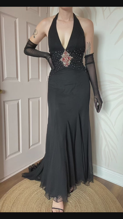 Bernshaw black 100% silk halter-neck evening gown UK 10