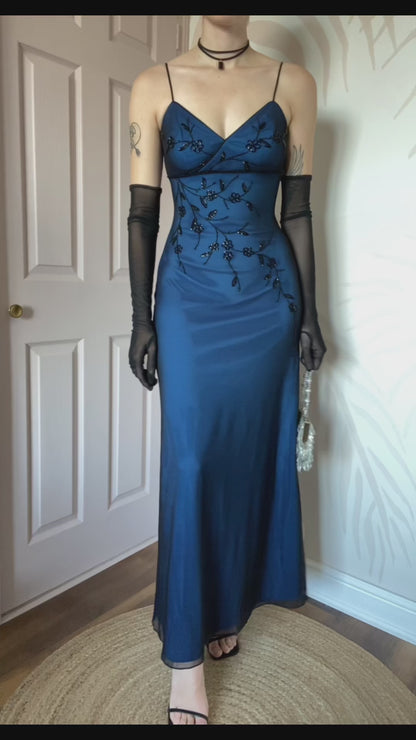 John Charles vintage 90s blue beaded dress UK 8-10