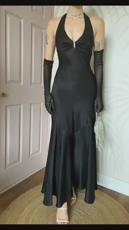Flori black silky fishtail evening dress UK 10