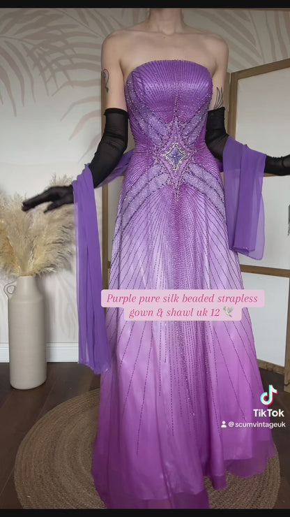 Purple silk beaded prom dress & shawl uk 12