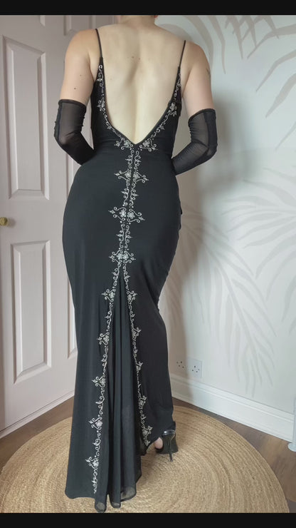 Black vintage 90s beaded stretch evening dress UK 10 & 12
