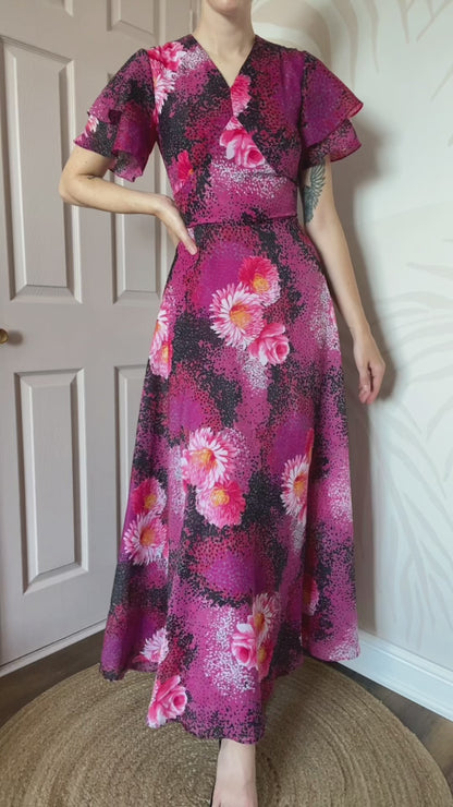 Vintage 70s Pink Floral Flared Sleeve A-Line Dress UK 8