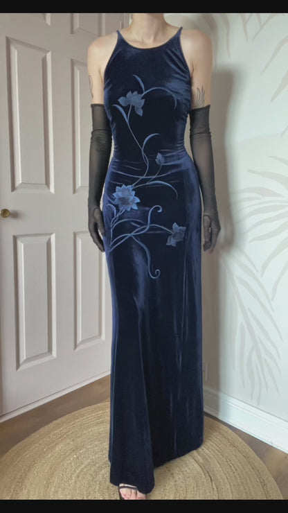 Vintage Gina Bacconi Blue Velvet evening Gown UK 14