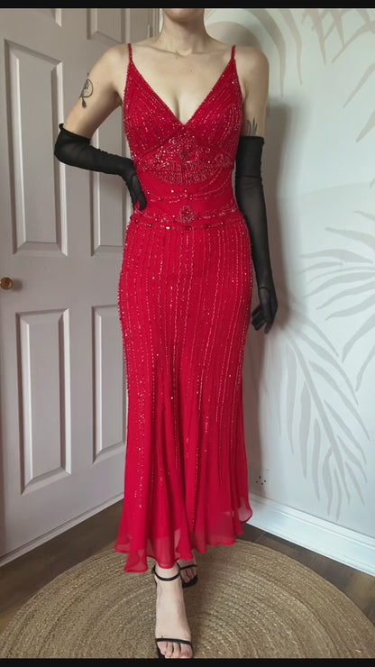 Red Gina Bacconi 100% silk beaded evening dress UK 10-12