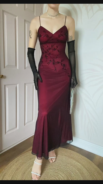 John Charles 90s red stretch beaded evening dress UK 10