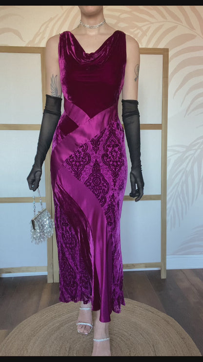 Silk blend dark pink velvet & satin slip dress UK 12-14