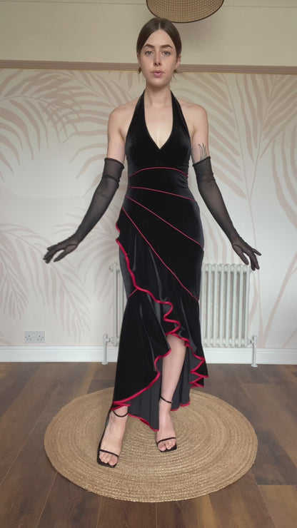 Vintage Niki Livas black velvet halter neck gown UK 12 & 14