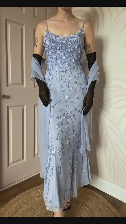 100% silk blue floral beaded evening gown & shawl UK 10
