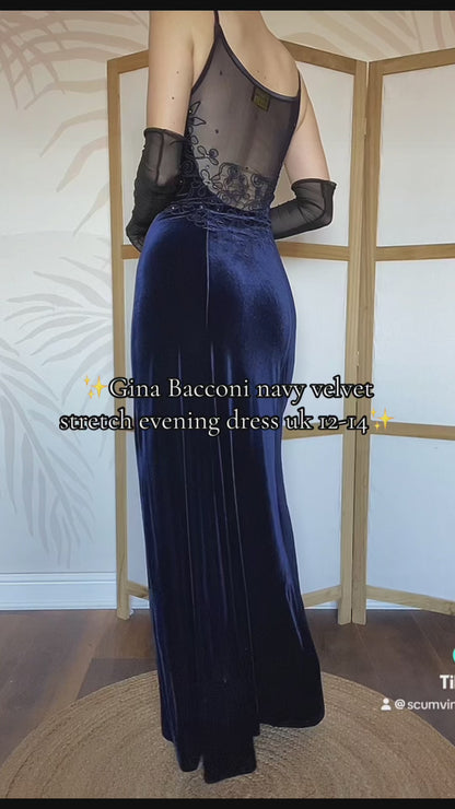 Gina Bacconi navy velvet stretch evening dress UK 12-14