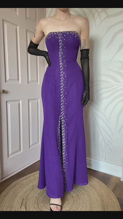 Purple strapless Goya evening gown UK 12