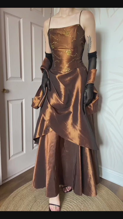 YVE London silky brown layered evening gown UK 12