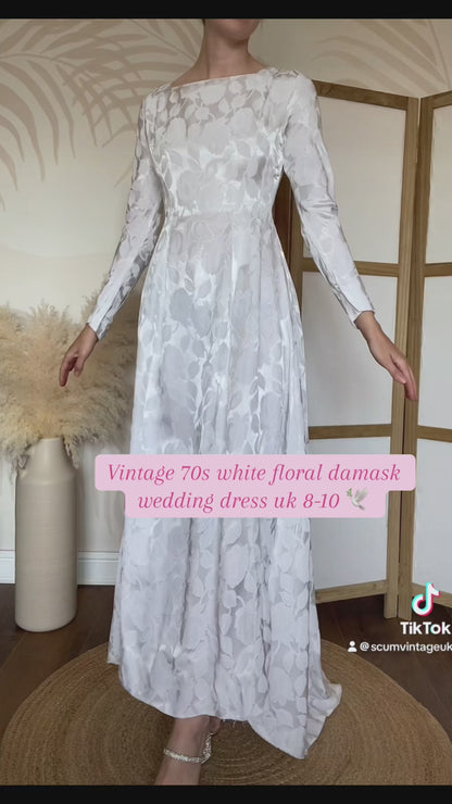 70s white damask floral long sleeve wedding dress uk 8-10