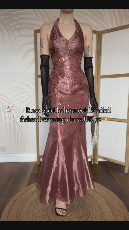Yve London rose gold beaded halter evening dress UK 12