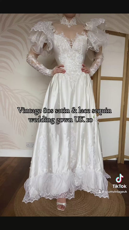 80s lace satin wedding dress with removable sleeves UK 10