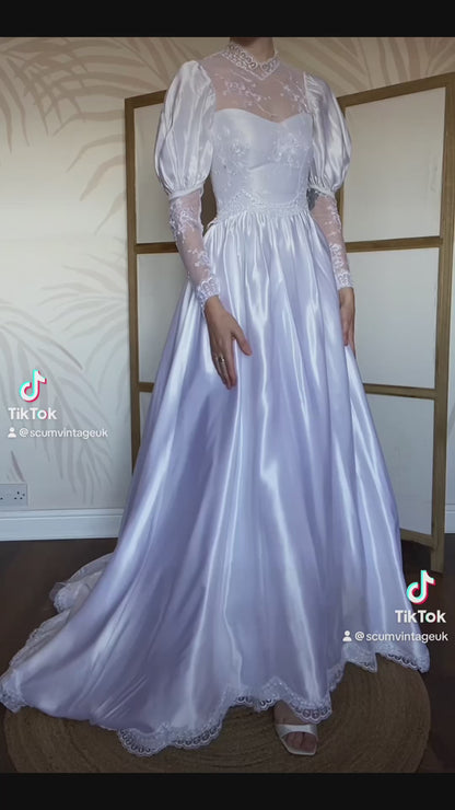 White satin & lace 80s wedding dress UK 6/XS
