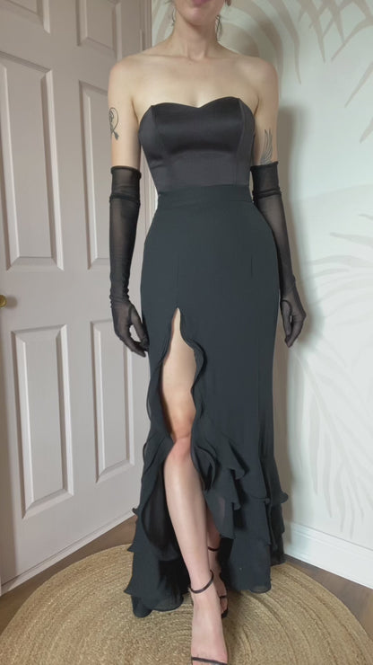 Black Frilly Hem Leg Slit Maxi Skirt UK 10