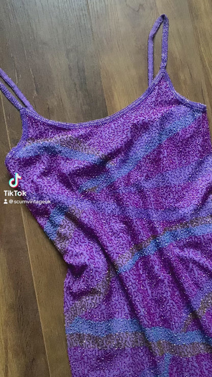 After six purple 100% silk beaded evening dress UK 10