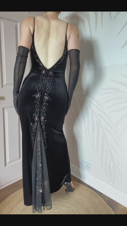 Flori Vintage 90s Black Velvet Beaded Evening Gown UK 10