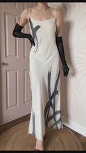 Load and play video in Gallery viewer, White After Six paint stroke print slip evening dress UK 12
