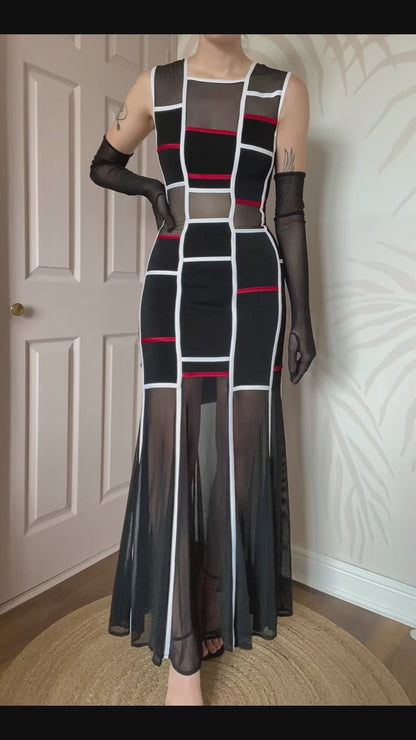 Tadashi black/white & red sheer panel dress UK 12