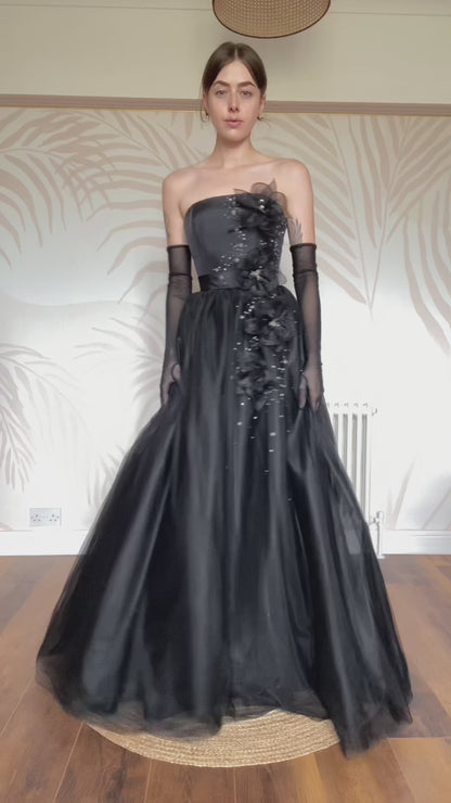Vintage black Hilary Morgan A-line strapless ball gown prom dress UK 6/8