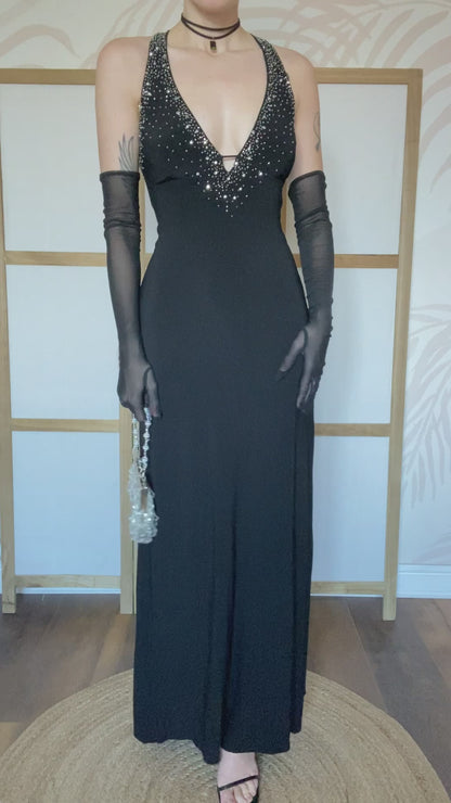 Black stretch 90s beaded evening gown UK 12