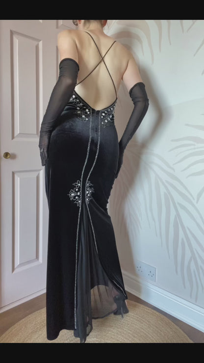 Black Flori Vintage 90s Velvet Beaded Gem Evening Gown Prom Dress UK Size 14-16