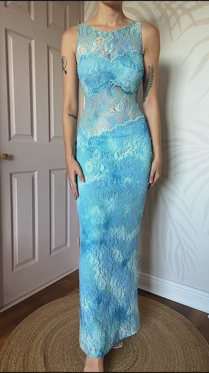 Bernshaw blue lace sheer stretch evening dress UK 10-12