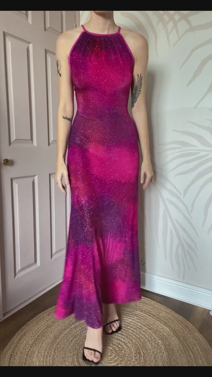 Bernshaw vintage pink & purple bodycon evening dress UK 10