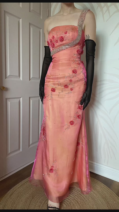 Orange one shoulder beaded floral evening gown UK 8