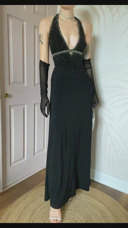 Black 90s Dave & Johnny beaded stretch halter neck evening dress UK 10