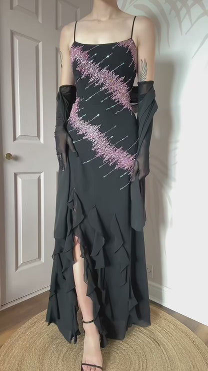 Black YVE London beaded evening dress with shawl UK 10-12