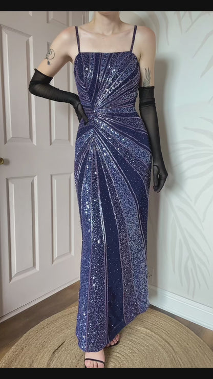 Purple Kaleidscope fitted sequin & beaded evening dress UK 12