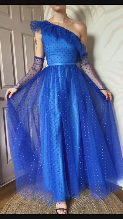 Bright blue 80s polka dot lace one shoulder gown UK 8-10