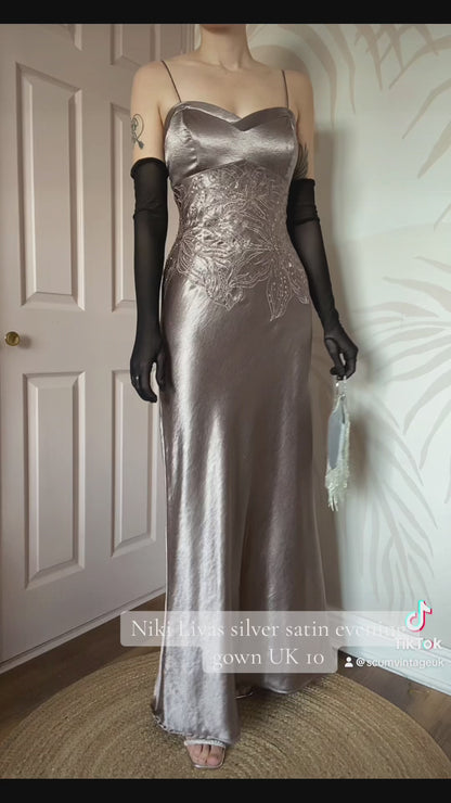 Shimmery Niki Livas silver evening gown UK 10