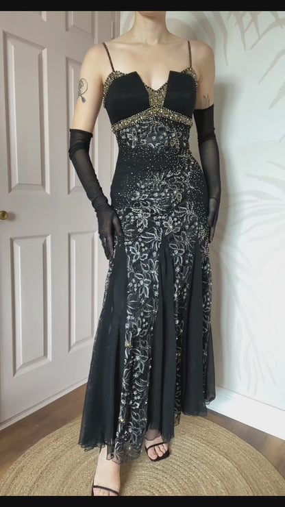100% silk beaded lace black dress UK 10-12
