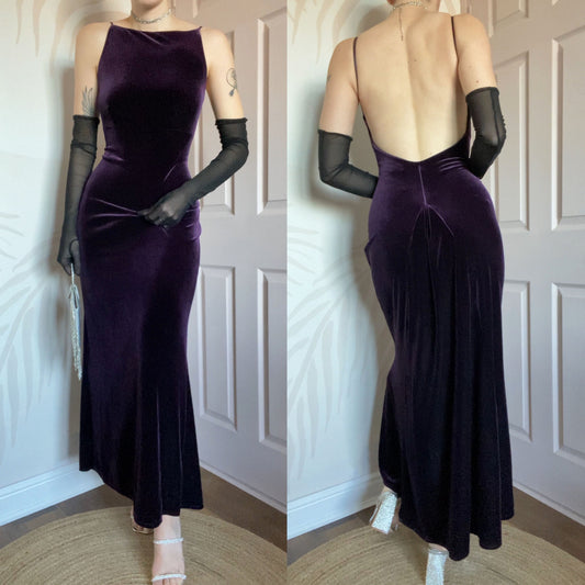 Purple velvet stretch low back evening dress UK 12