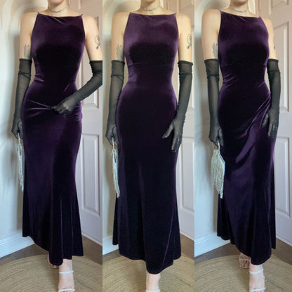 Purple velvet stretch low back evening dress UK 12