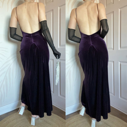 Purple velvet stretch low back evening dress UK 12