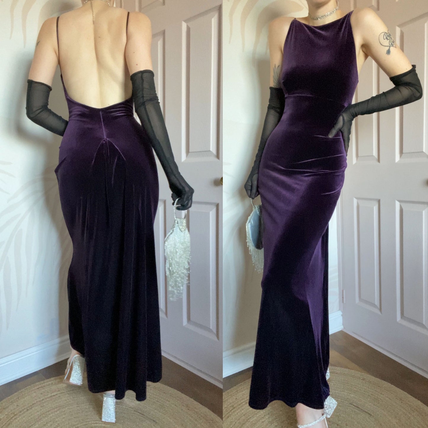 Purple velvet stretch low back evening dress UK 12