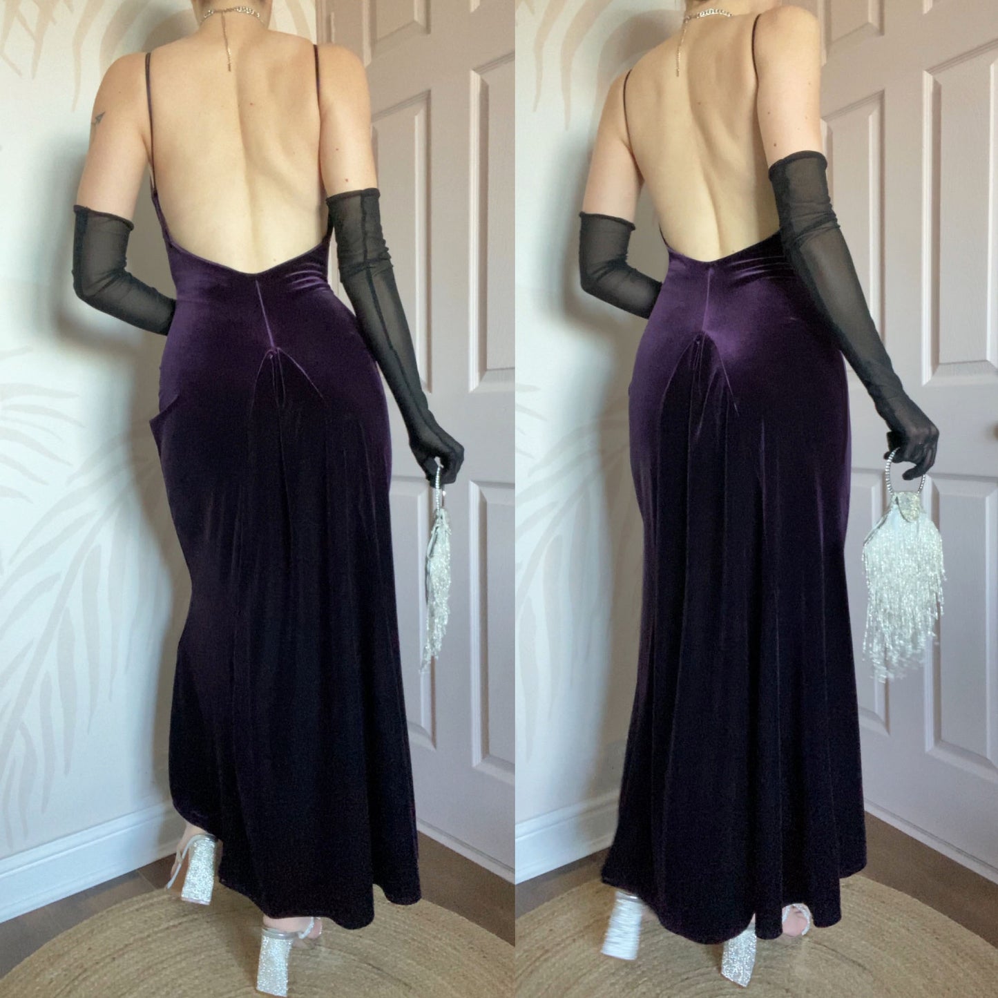 Purple velvet stretch low back evening dress UK 12