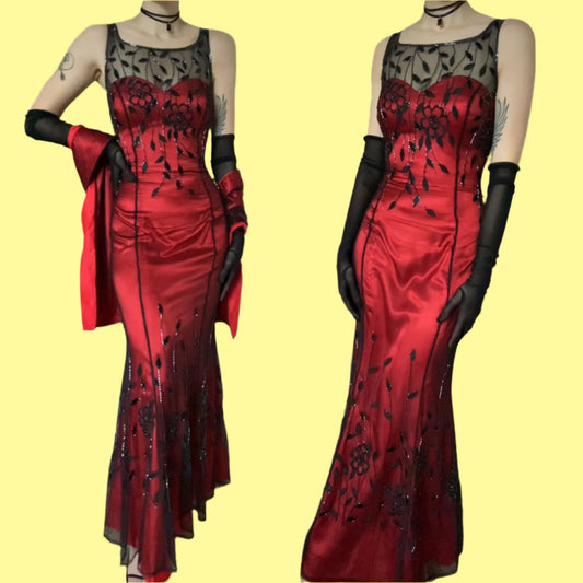 Red Jora evening dress with sheer black beaded overlay & shawl UK 14