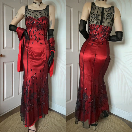 Red Jora evening dress with sheer black beaded overlay & shawl UK 14